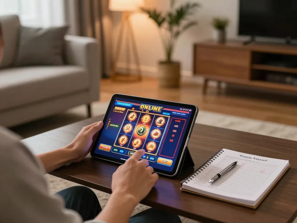 Engage in thrilling online gameplay with 688vbest using a tablet at home, showcasing vibrant slots on screen.