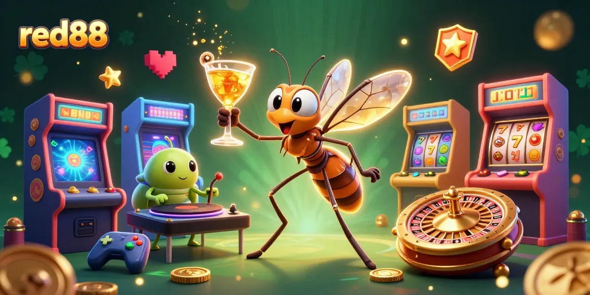 Experience red88's vibrant casino scene featuring a unique mosquito mascot, DJ trilobite, and roulette wheel.