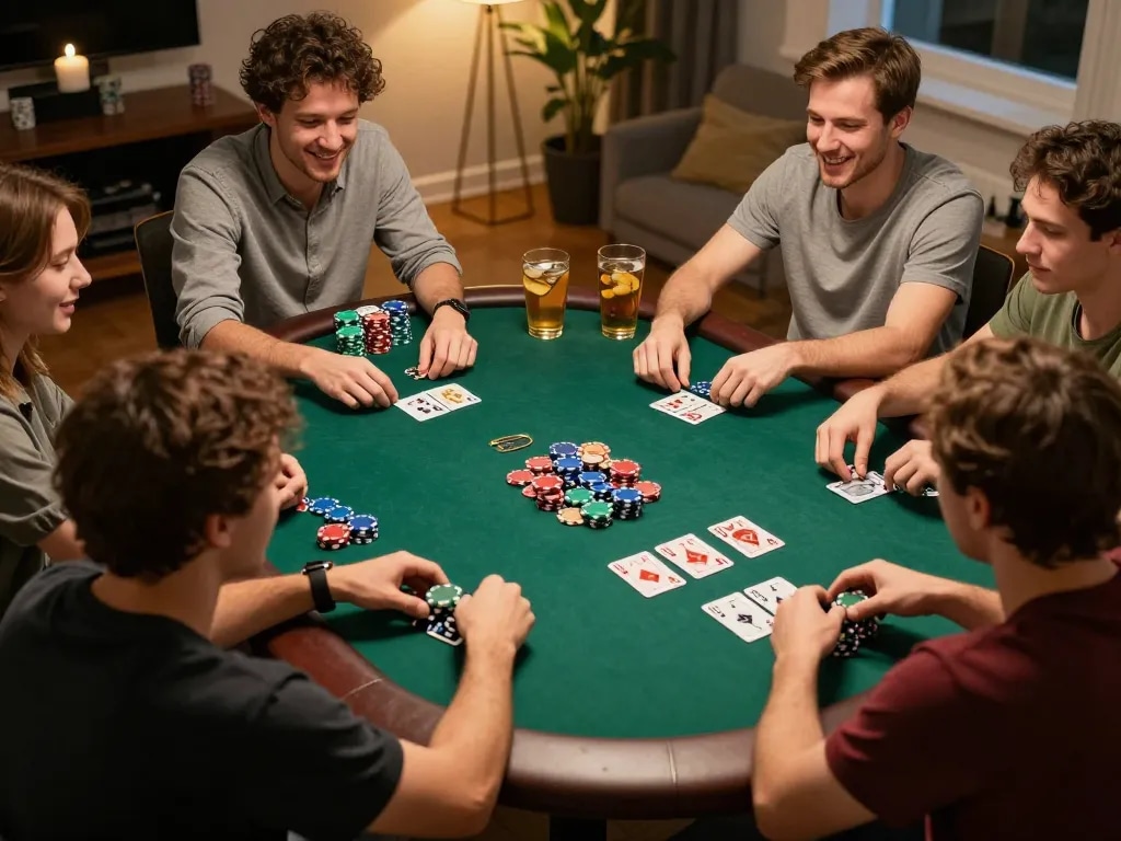 Engaging moment of friends playing poker at home, showcasing the excitement of social gambling with the jili707 app brazil.