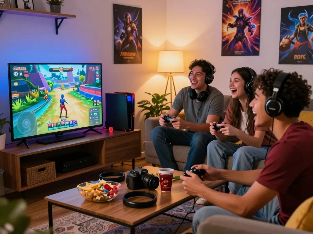 Friends enjoying free porn games together in a cozy gaming setup, with vibrant decor and engaging atmosphere.