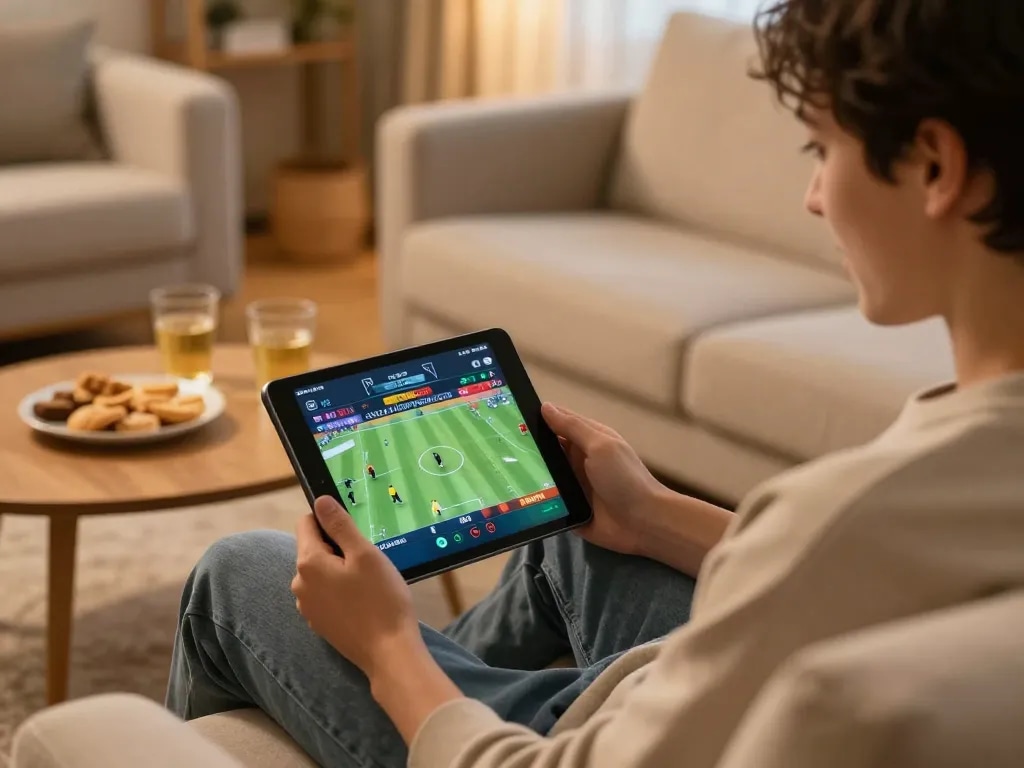 Engaging in online sports betting on a trang cá cược bóng đá platform while enjoying a cozy home environment.