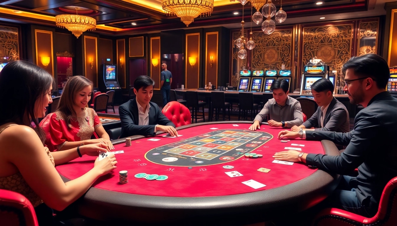 Players strategizing in an engaging 188 bet poker game amidst a luxurious casino atmosphere.