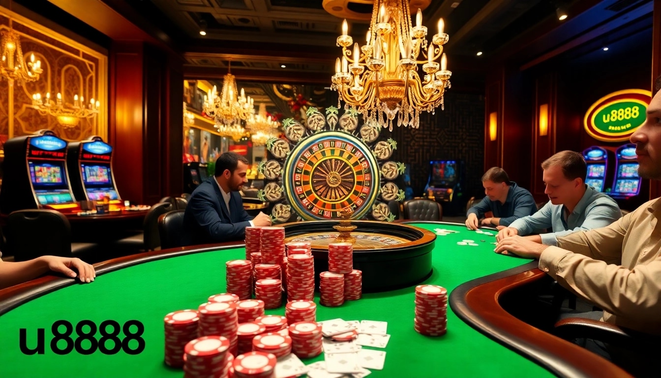 Players engaged at a poker table celebrating their wins with u8888 branding highlighted.