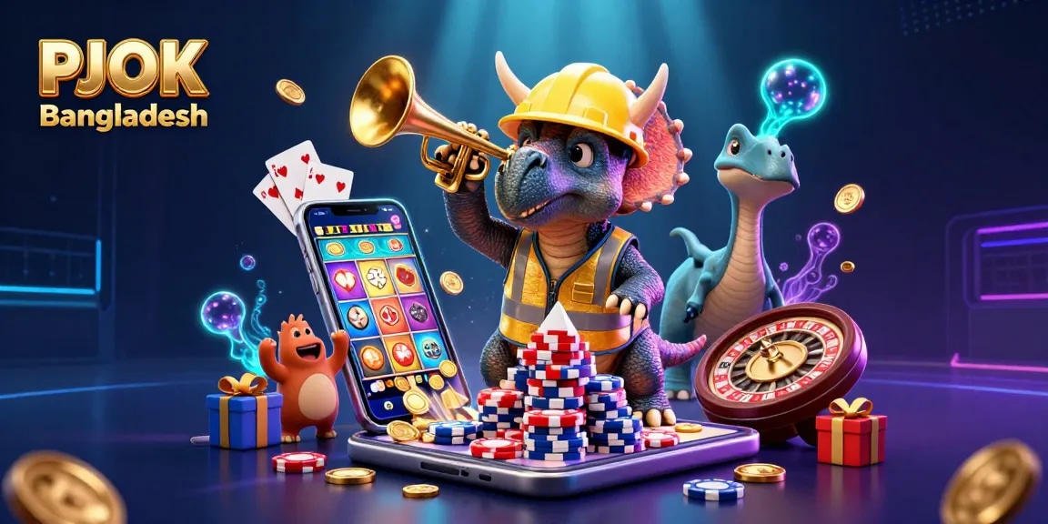 PJOK Bangladesh celebrates with a triceratops building poker chip towers amidst vibrant casino elements.