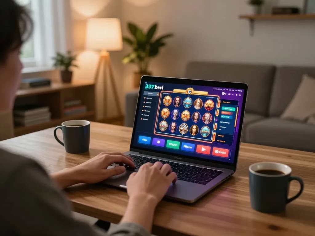 Jogador desfrutando dos jogos de cassino online da 337bet em um laptop com gráficos vibrantes em um ambiente aconchegante.