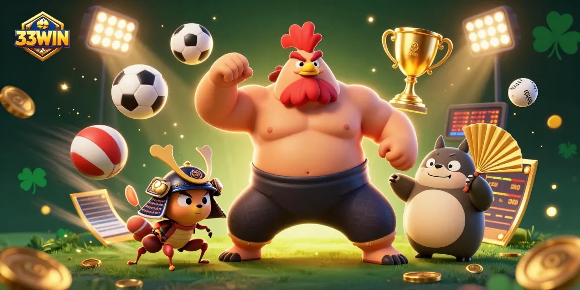 Experience thrilling gameplay at 33WIN with dynamic sports betting characters in an exciting casino illustration.