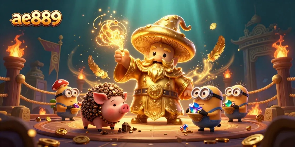Experience thrilling adventures at ae889 as a wizard channels magical gold in a vibrant casino scene.