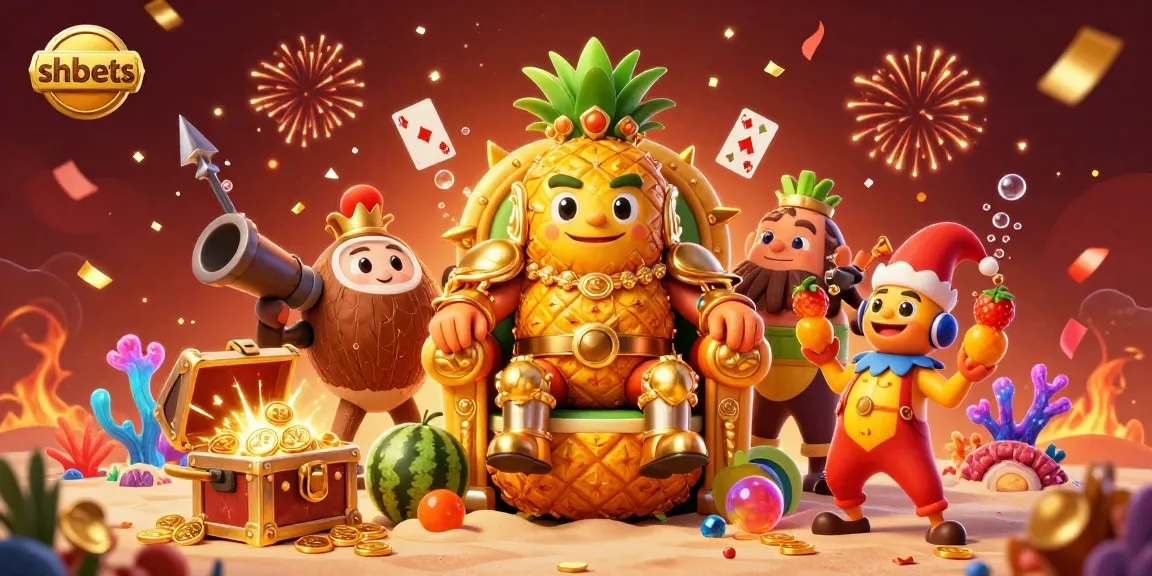 Experience thrilling gameplay with shbets at a vibrant beach casino with animated characters and colorful gems.