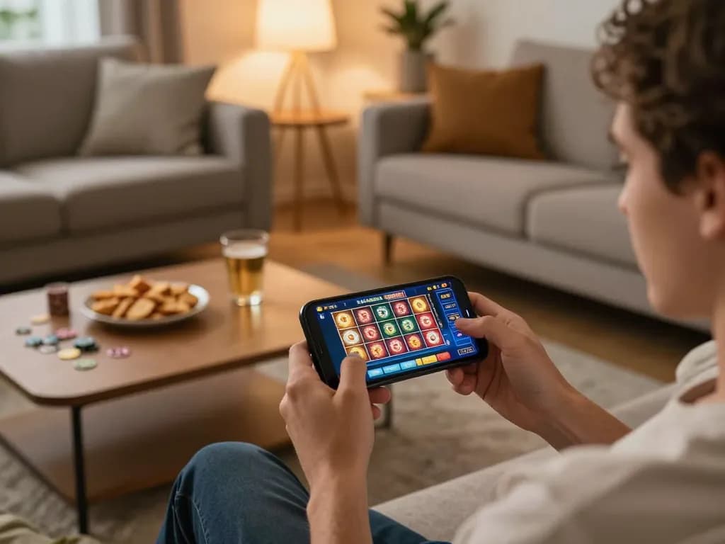 lc88 user playing online casino games on smartphone in cozy living room setting