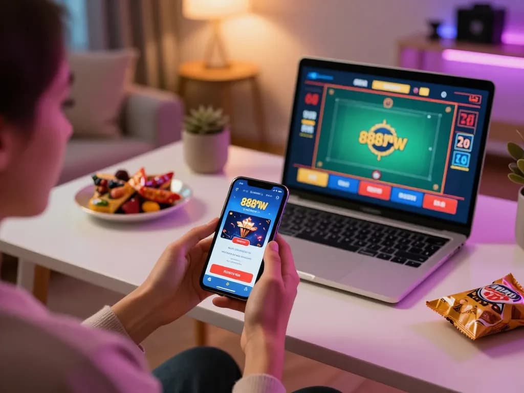 Person using 888NEW app for online casino gaming on smartphone with live dealer screen in the background