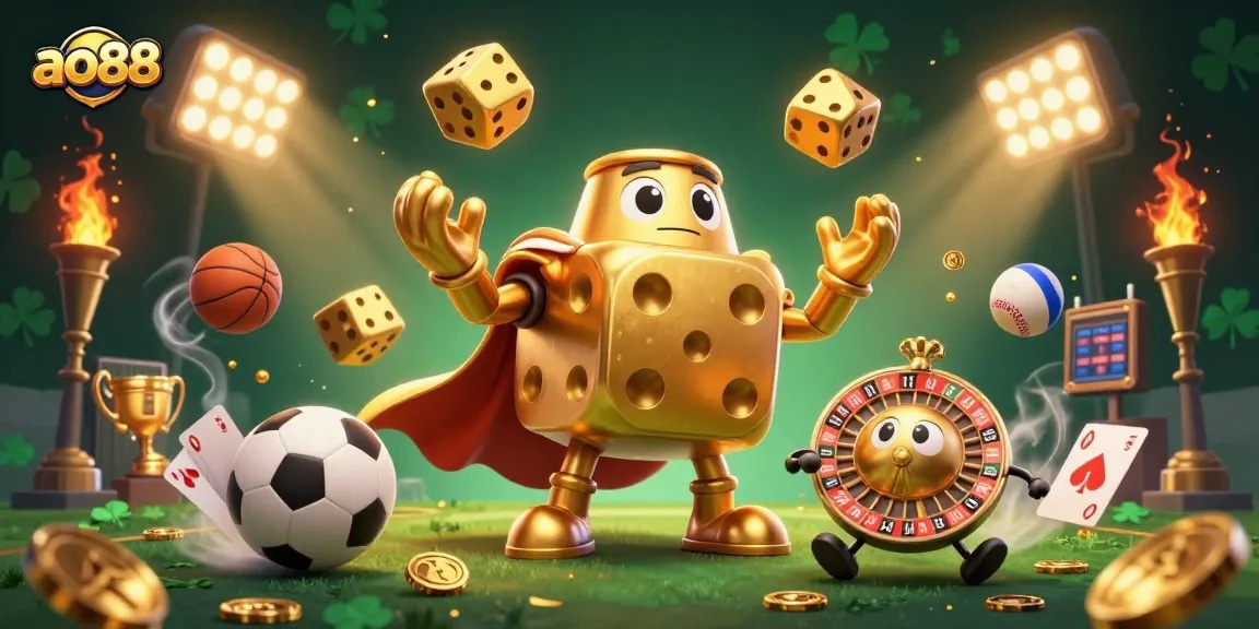 Experience thrilling gaming with ao88, featuring dynamic golden dice and vibrant sports elements!