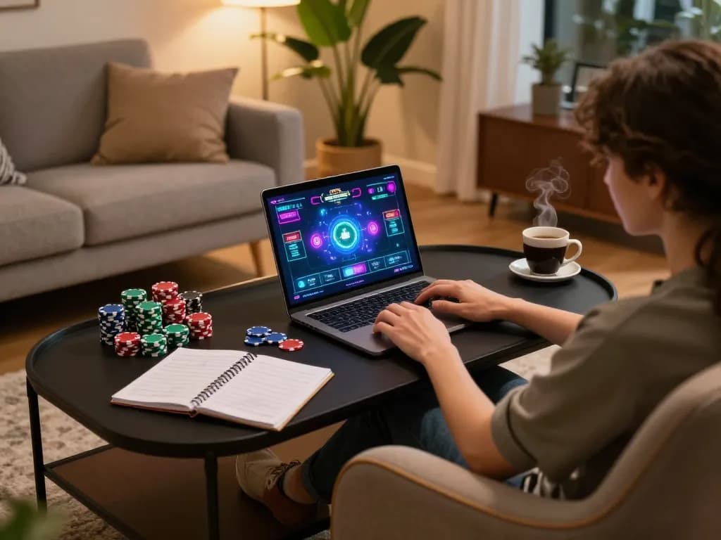 Engaging with 789win online poker in a cozy home setting, showcasing strategic gameplay