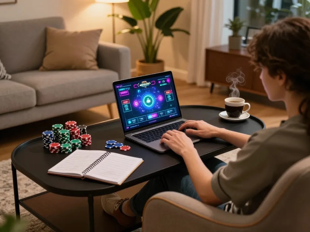 Engaging with 789win online poker in a cozy home setting, showcasing strategic gameplay