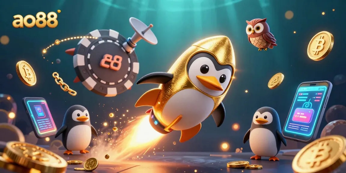 Experience ao88's thrilling online gaming with a golden penguin soaring towards a dynamic casino space station.