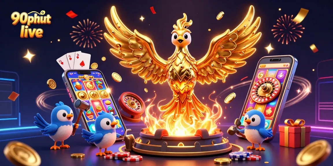 Experience 90phut live with excitement, showcasing the golden phoenix and dynamic gaming elements.