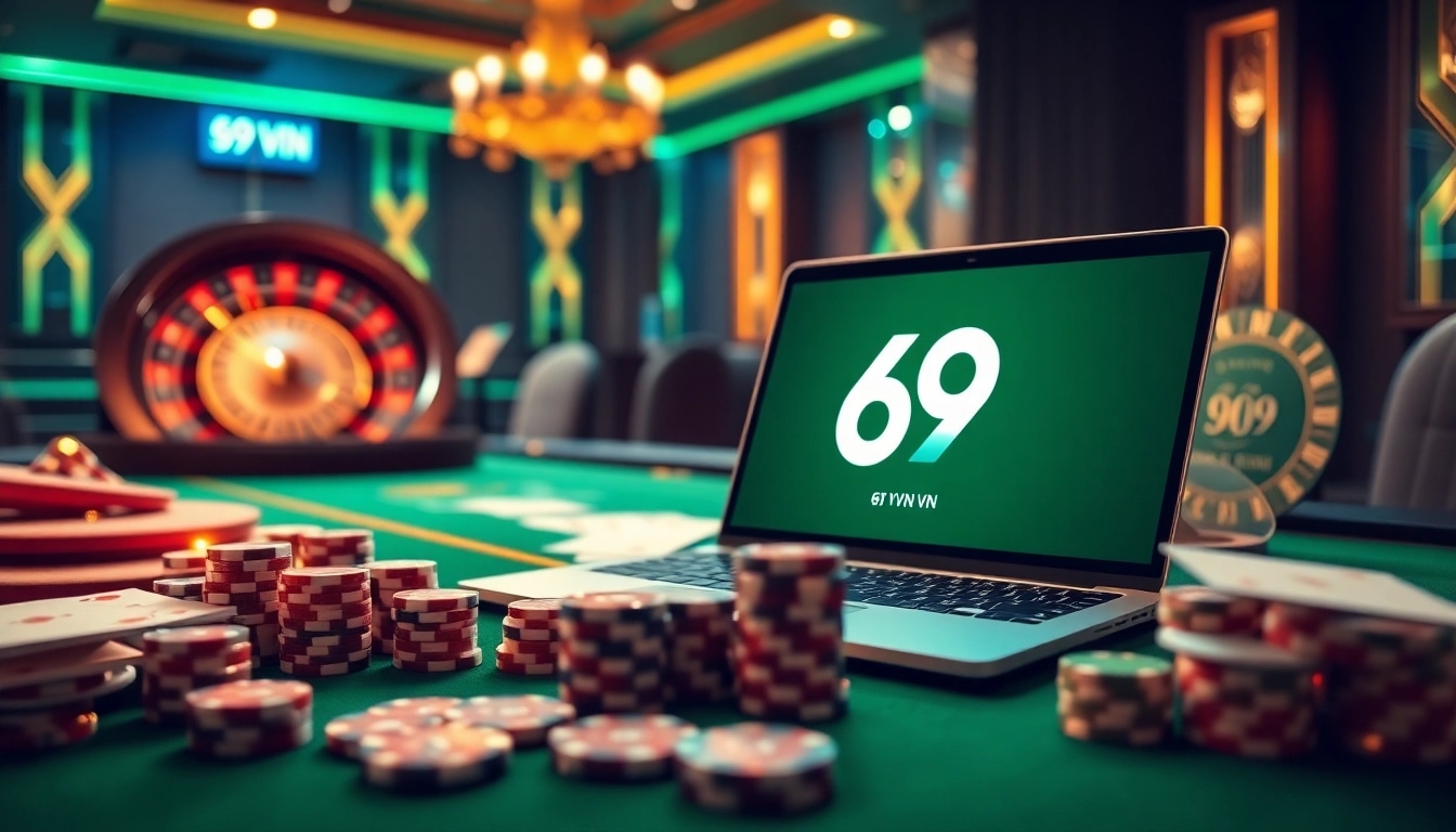 Experience luxury and excitement at 69 VN's online casino, featuring poker chips and roulette.