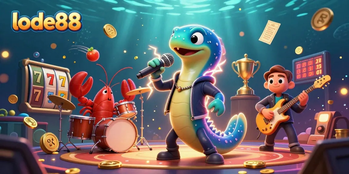Engage with lode88 in this vibrant underwater casino scene featuring a DJ eel and a lively band.