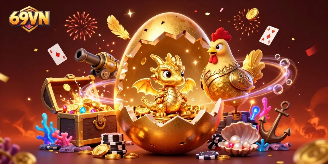 Experience the thrilling world of gambling with 69VN featuring a golden egg dragon and poker chips.