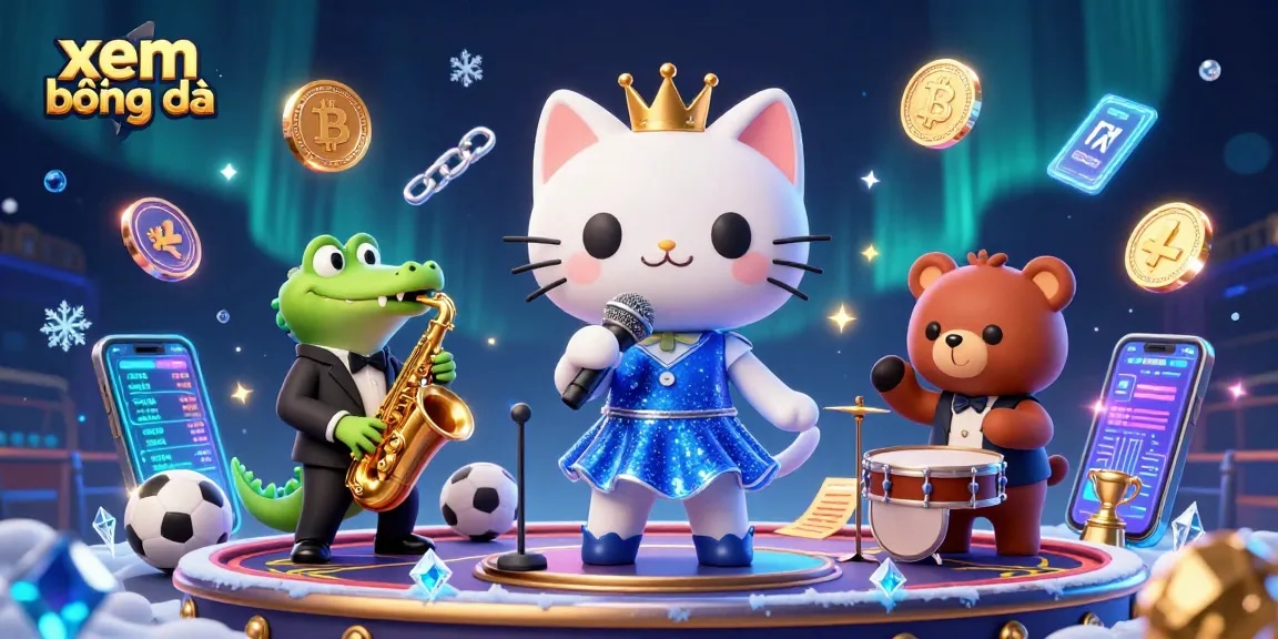 Enjoy xem bóng đá with this vibrant illustration of lively characters on a casino stage.