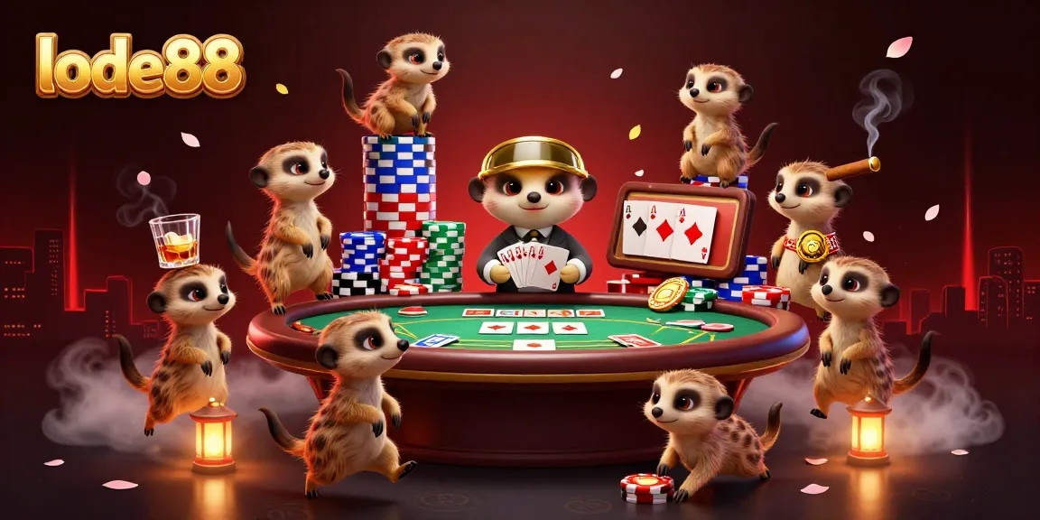 Experience lively interactions at lode88 casino with meerkats dealing cards and sneaking chips in a vibrant scene.