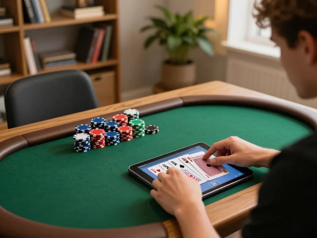 Engaged player in a poker game using a tablet for online gaming, showcasing game bài đổi thưởng uy tín.