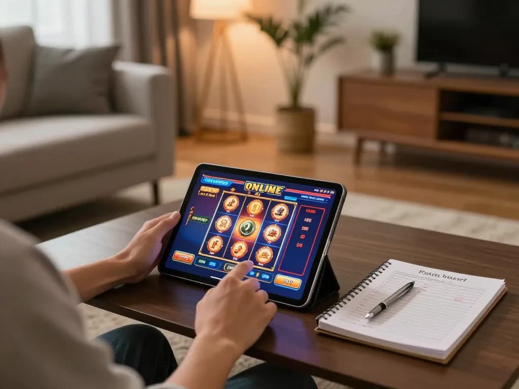 Engage in thrilling online gameplay with 688vbest using a tablet at home, showcasing vibrant slots on screen.