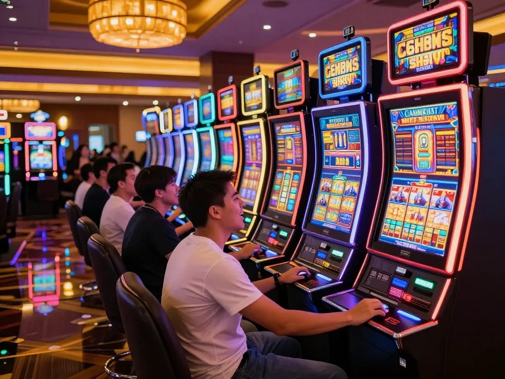 Jogadores experimentando um jogo dinâmico de slots nas emocionantes máquinas da 668bet em um cassino vibrante