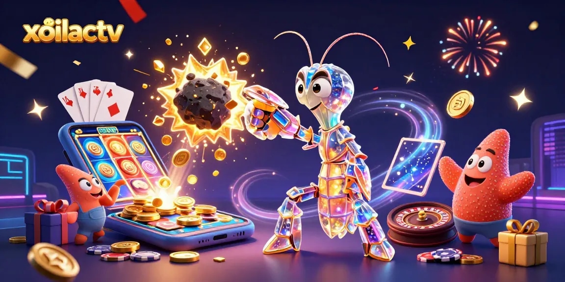 Play and win on xoilactv with vibrant illustrations of slot games and dynamic characters.