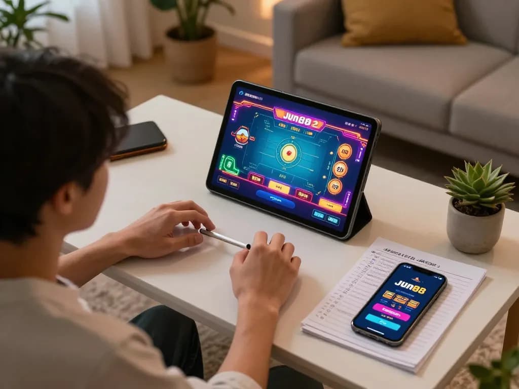 Engaging user interface of Jun88 phiên bản 2 on tablet in cozy home setting, promoting responsible gaming