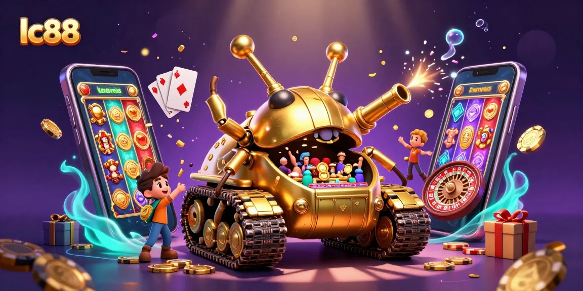 Experience the excitement of lc88 with a golden casino beetle tank amidst dynamic poker and slot elements.