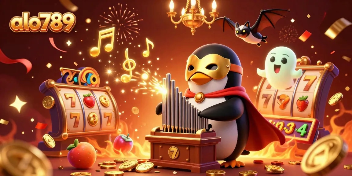 Engage with alo789's vibrant slot scene featuring a whimsical penguin and rich celebrations.