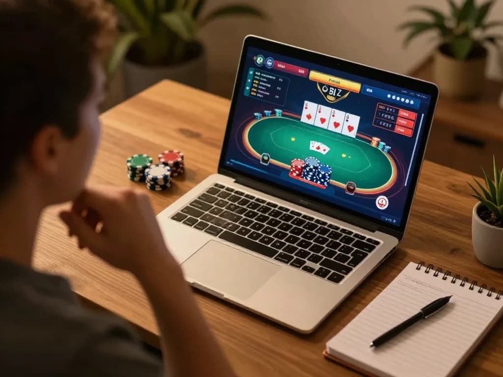 Engaged player strategizing in 789 BET online poker game from a cozy home office.