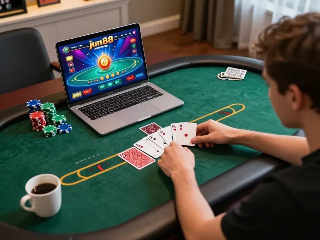 Player strategizing during a poker game on jun88 online casino interface.