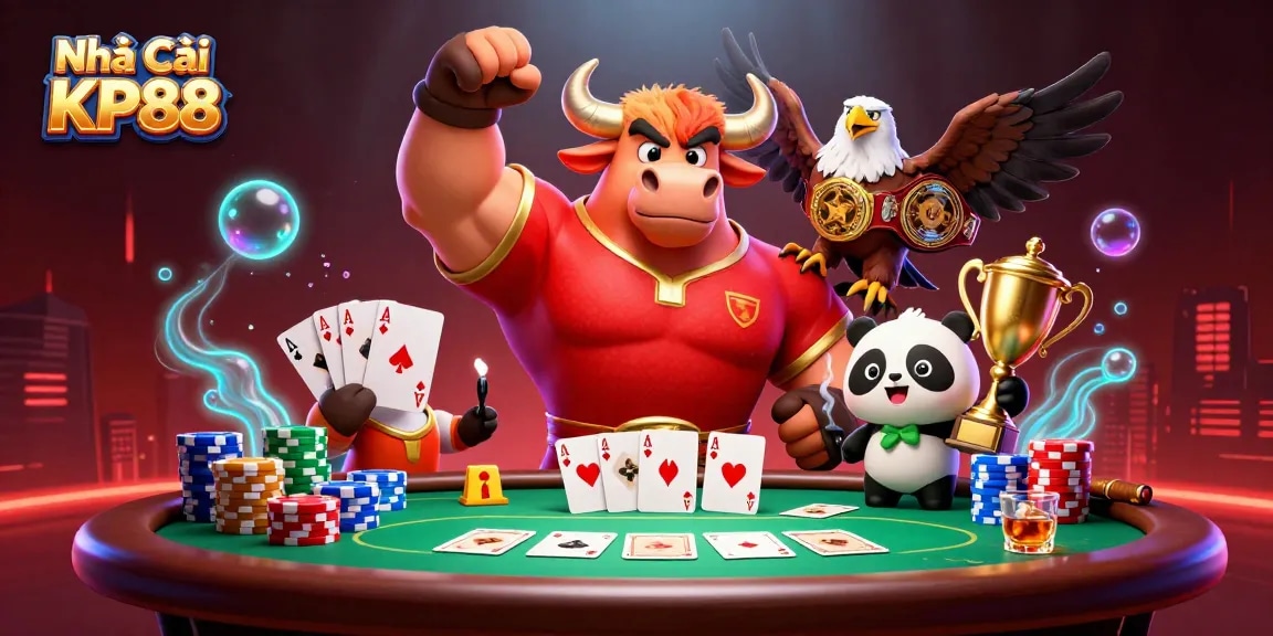 Win big with exciting games at Nhà Cái KP88, featuring a triumphant bull mascot and golden trophy.