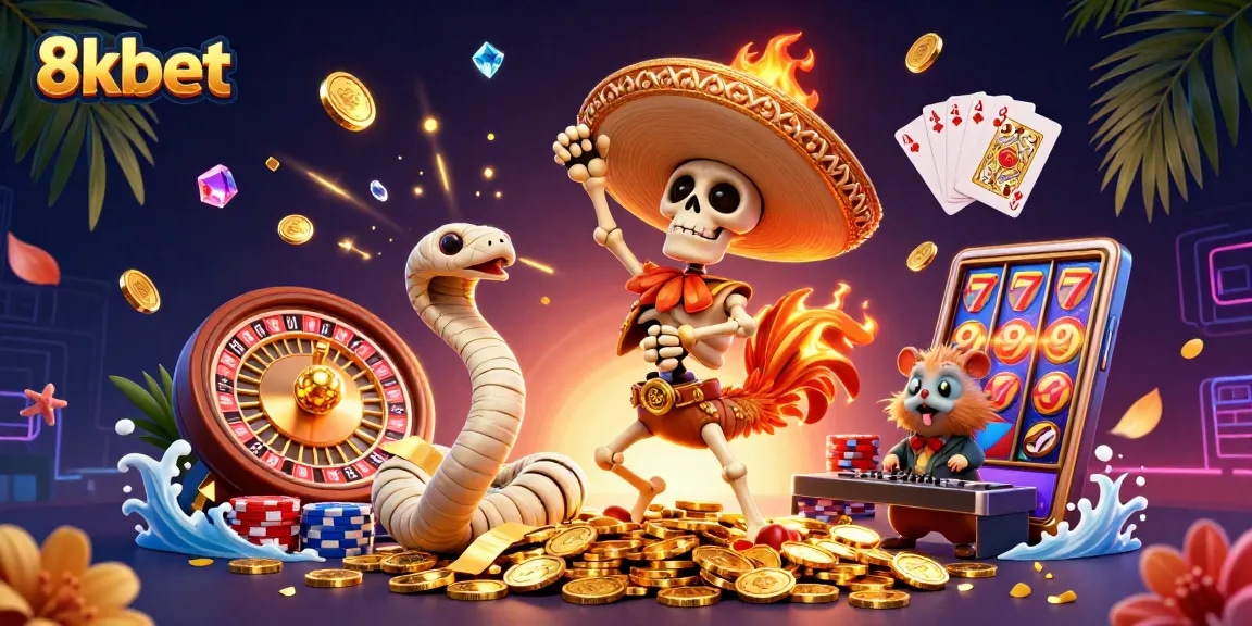 Join the fun at 8xbet with vibrant characters and exciting casino elements in a dynamic gaming scene.