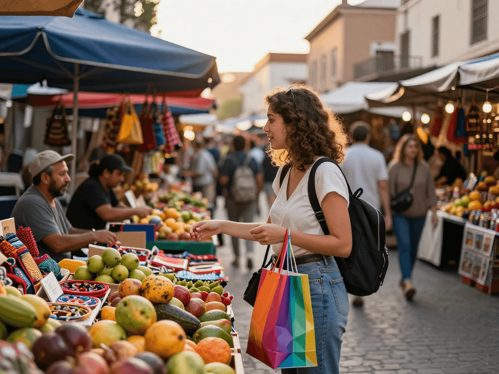 Explorador multicanais em mercado vibrante, cercado por frutas frescas e artesanatos em ambiente urbano.