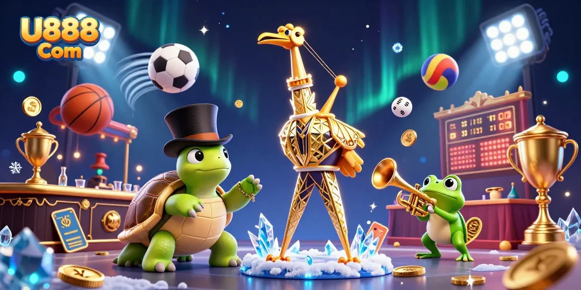 Experience thrilling wins with U888 Com at this vibrant casino scene featuring lively 3D characters and dynamic gameplay.
