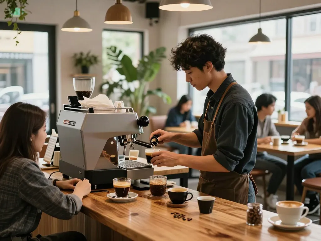 Barista using a ROKOK88 link espresso machine in a vibrant coffee shop.