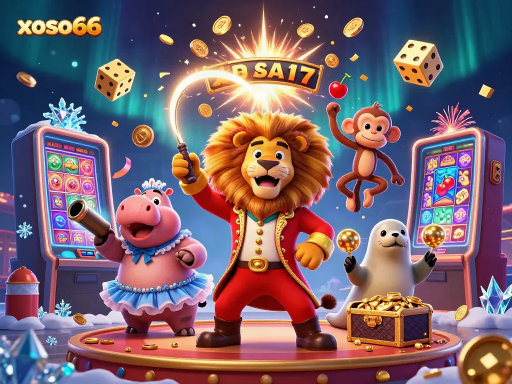 Xoso66 captures the thrill of online gaming with vibrant characters and dynamic slot symbols.