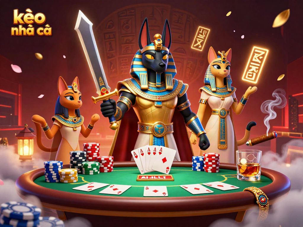 Gamblers analyze kèo nhà cái while surrounded by vibrant poker elements in this dynamic scene.