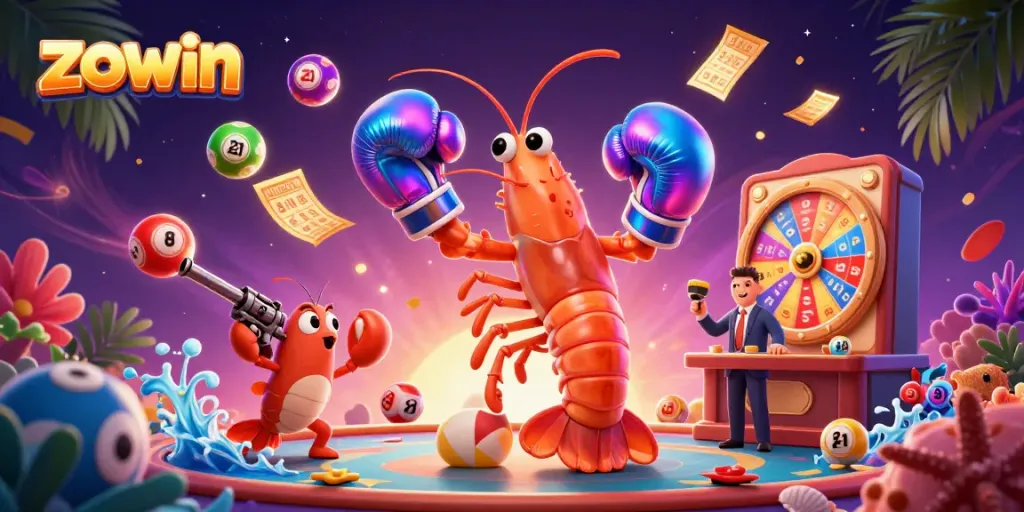 Zowin showcases dynamic lottery elements with vibrant characters in a thrilling casino scene.