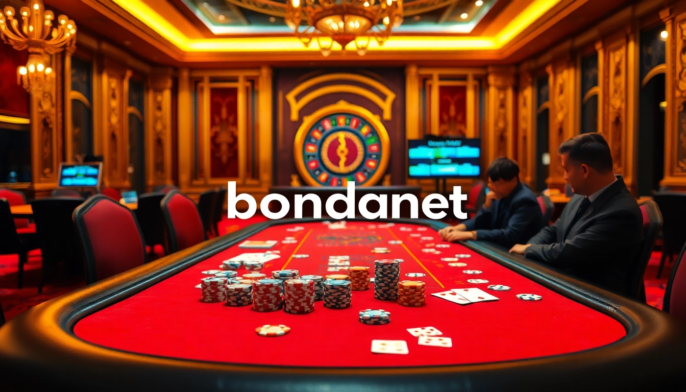 Engage in thrilling poker gameplay at Bongdanet's luxurious casino scene with vibrant chips and a roulette wheel.