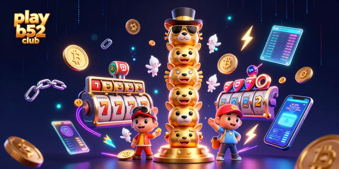 Play B52 Club for thrilling slots action amidst glowing crypto coins and vibrant game elements.