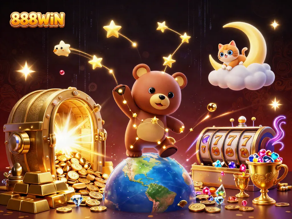 Experience excitement at 888WIN with golden treasures and cosmic characters in an enchanting casino world.