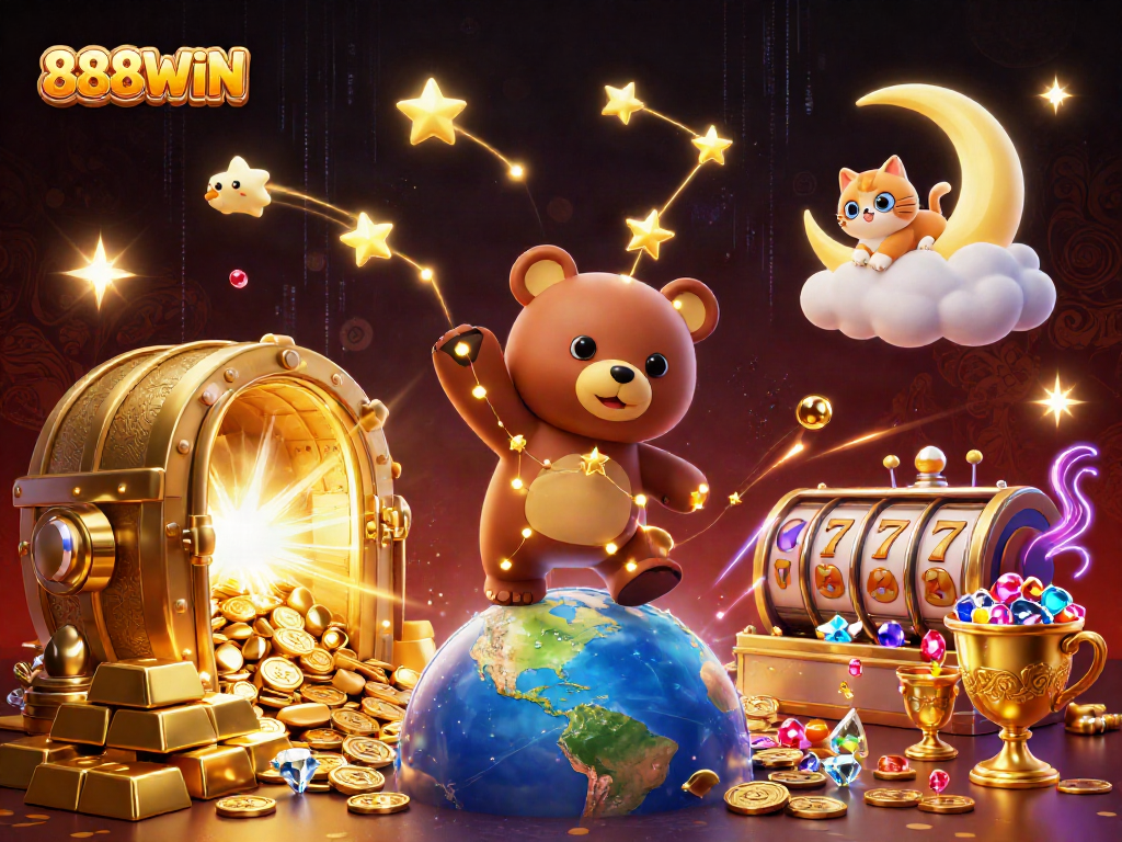 Experience excitement at 888WIN with golden treasures and cosmic characters in an enchanting casino world.
