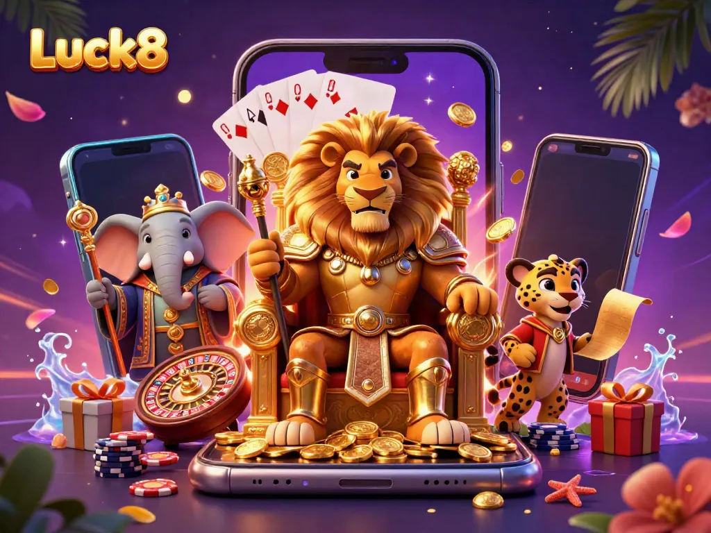 Engage with Luck8’s vibrant 3D casino scene, featuring a lion king, elephant advisor, and cheetah messenger amidst dynamic gaming elements.