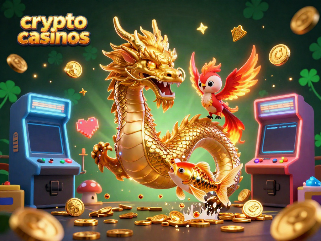 Engage in thrilling crypto casinos with a fierce dragon and phoenix amidst golden coins.