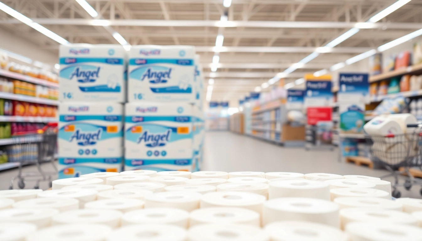Showcase of Angel Soft Toilet Paper Pallets in a clean retail environment.
