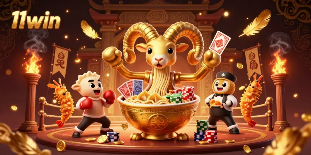 11win's vibrant casino scene showcases a giant ramen bowl dealer and dynamic gambling elements.