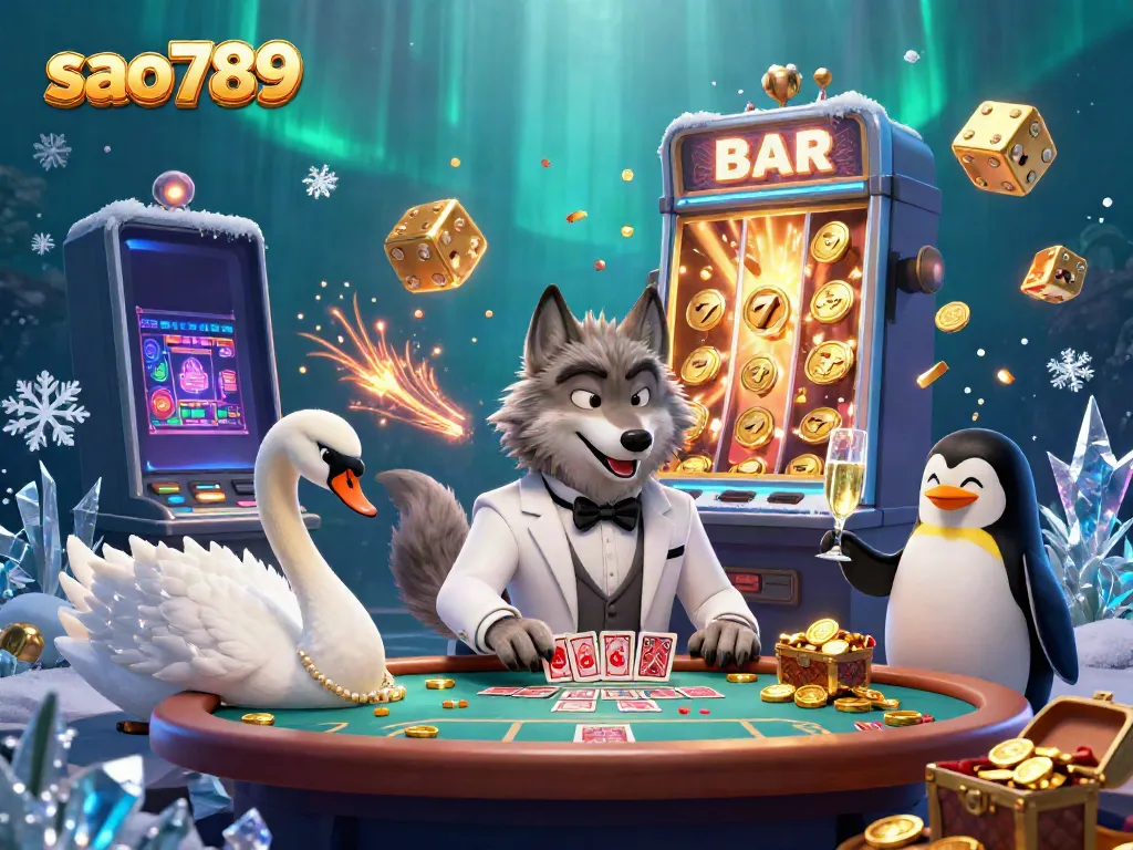 Experience the thrill of winning at sao789 with a lively 3D scene featuring a cartoon wolf, swan, and penguin in a casino.